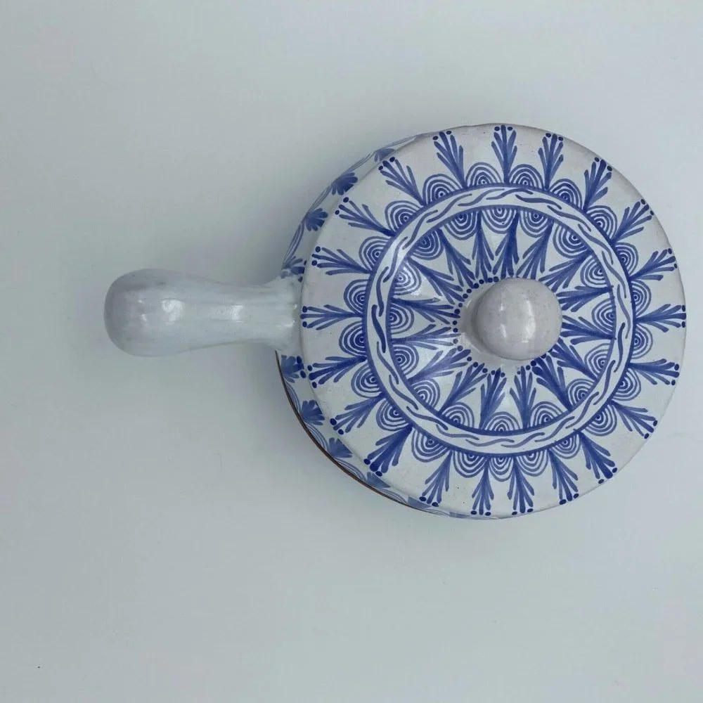 TLAL‎ MICH COLIN Mexican Pottery Hand Painted Cobalt Blue White Bean Bowl w/Lid